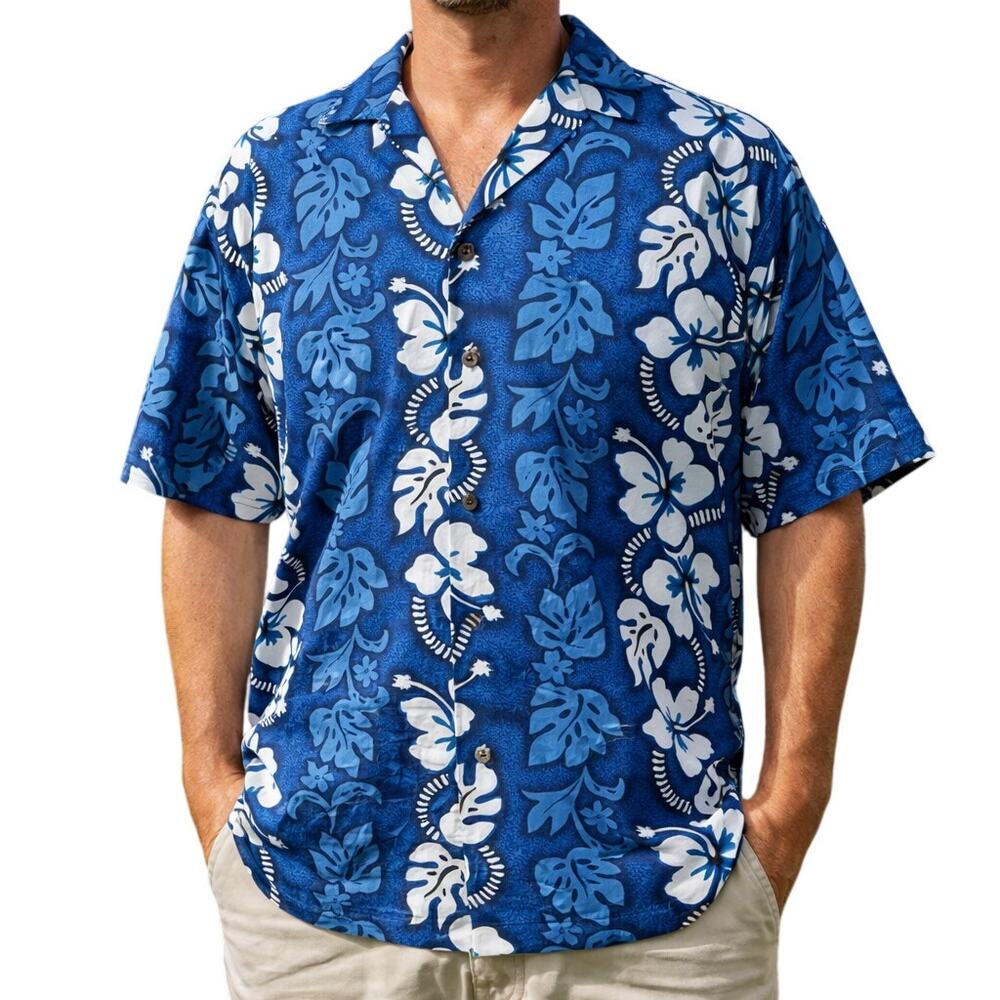Vintage 80s Men's Medium KY’s Hawaiian Shirt Blue Floral Cotton